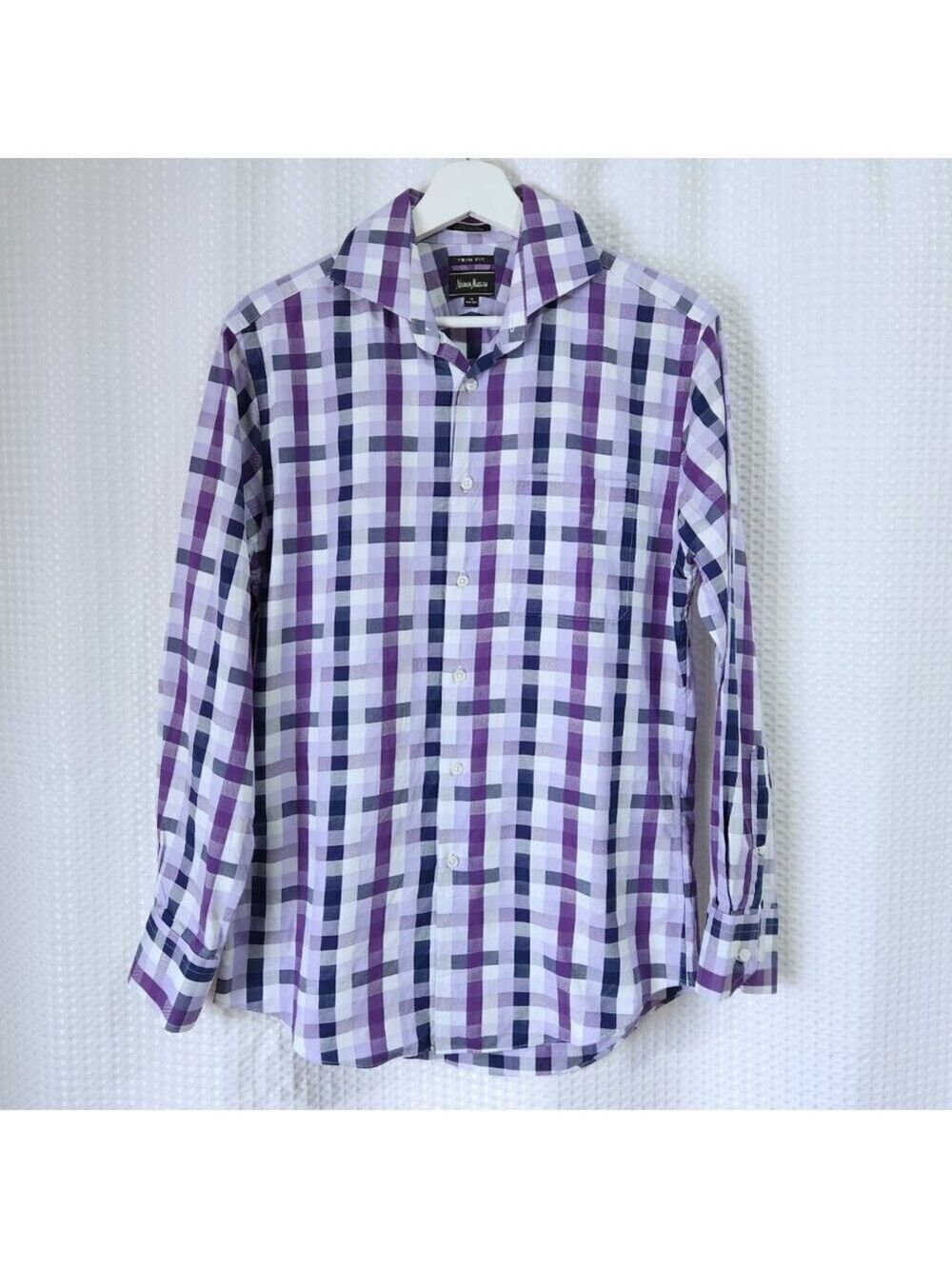 Neiman Marcus Dress Shirt 15 (32-33) Purple Plaid Check Trim Fit Designer